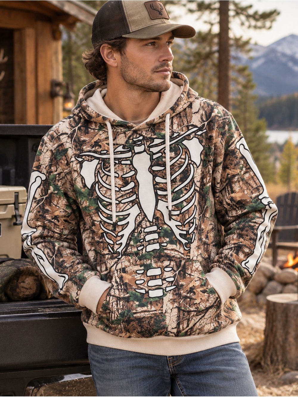 Rebel Vengeance Skeleton Rib Cage Camo Hoodie Men’s Large